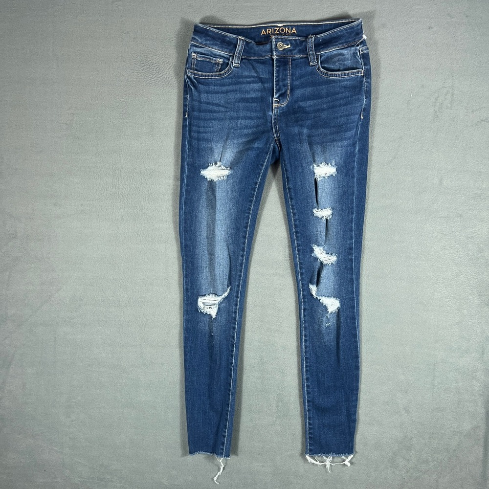 Arizona Womens Jeans 1 Blue Distressed Skinny Ripped Raw Hem Denim
